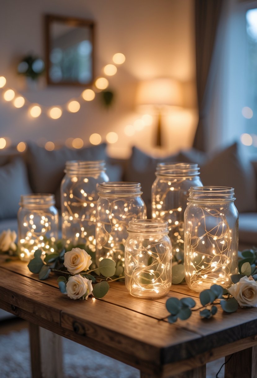 Mason jars filled with fairy lights glowing warmly on a wooden table, surrounded by flowers in a cozy home setting.