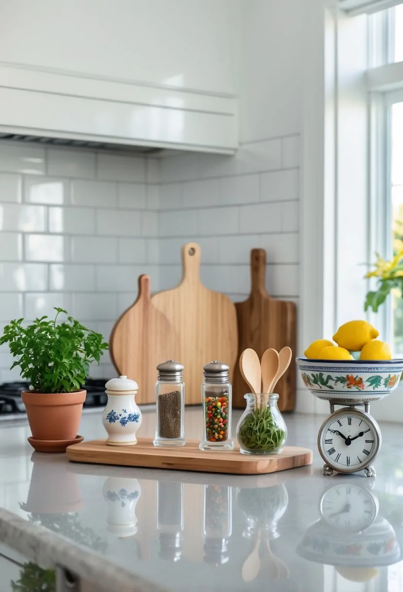 Seven small kitchen decor items arranged on a kitchen countertop including a potted herb, salt and pepper shakers, cutting board, spice jar, utensil holder, fruit bowl with lemons, and a kitchen timer.