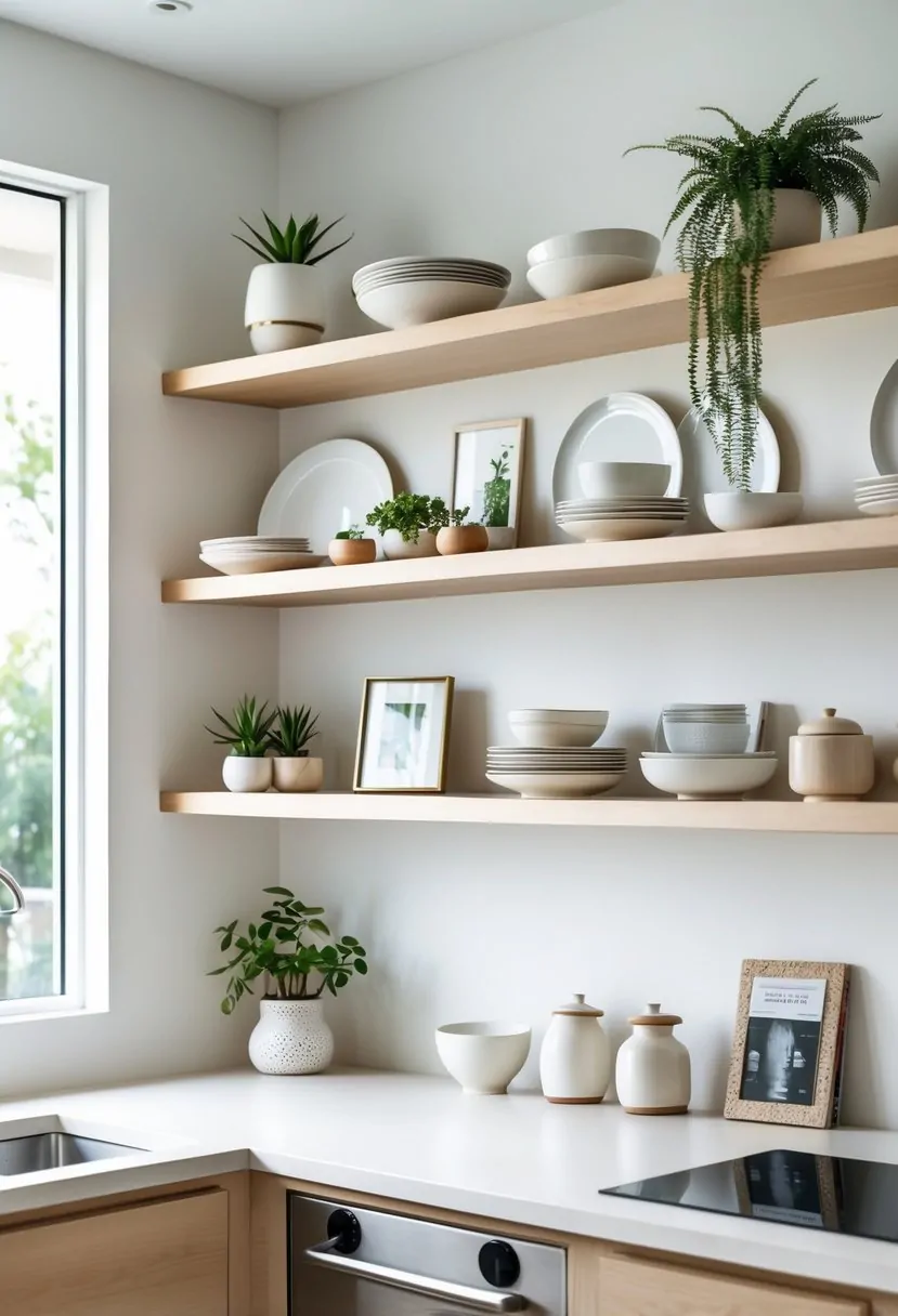 A kitchen with open shelves displaying dishware and small decorative items, creating a bright and open space.