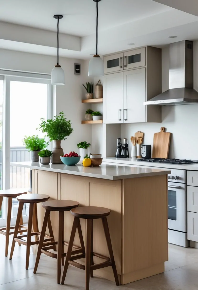 A modern kitchen with a compact island featuring a breakfast bar and seating, decorated with small kitchen items.