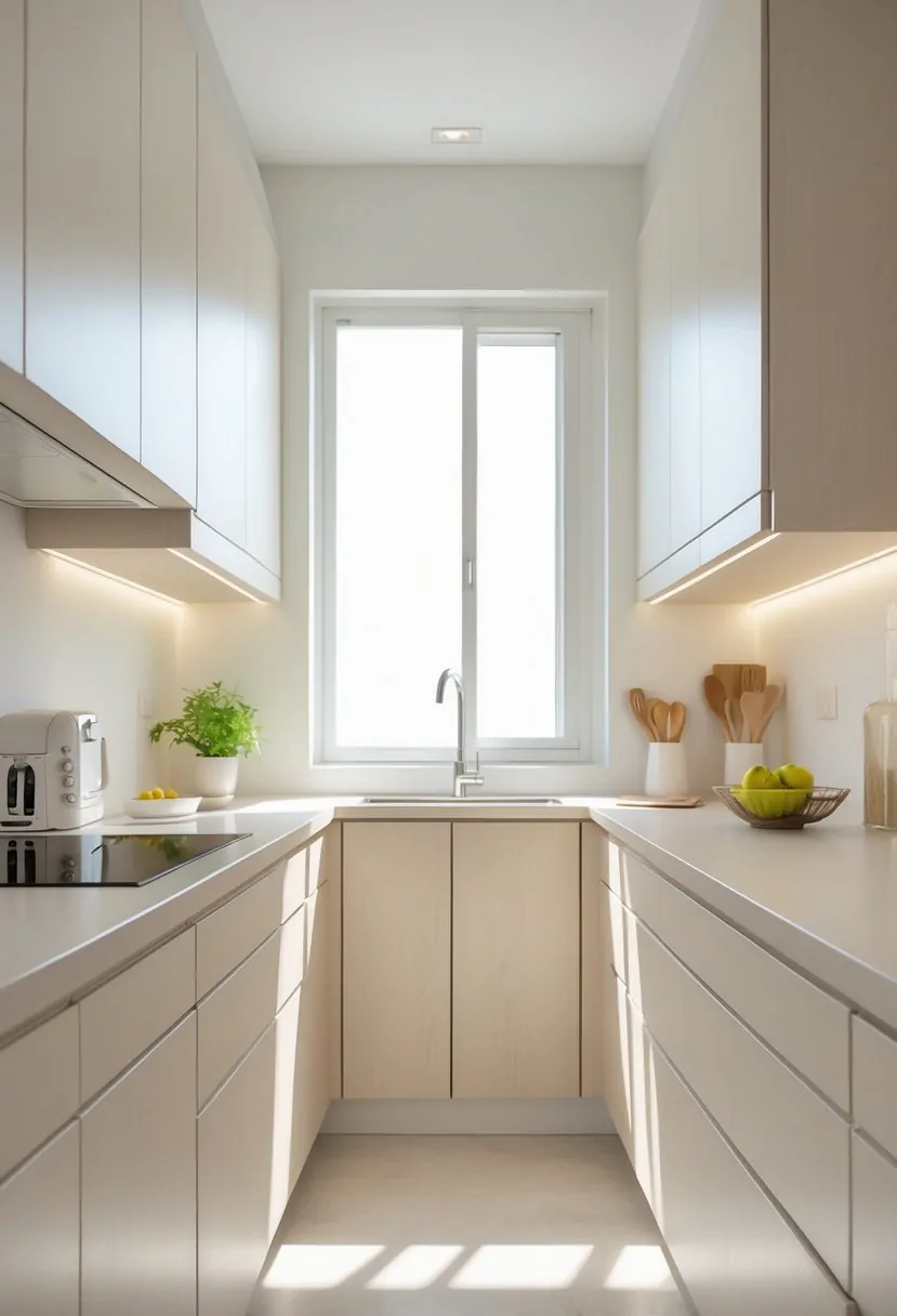 A small kitchen with light-colored cabinets, bright countertops, and natural light coming through a window.