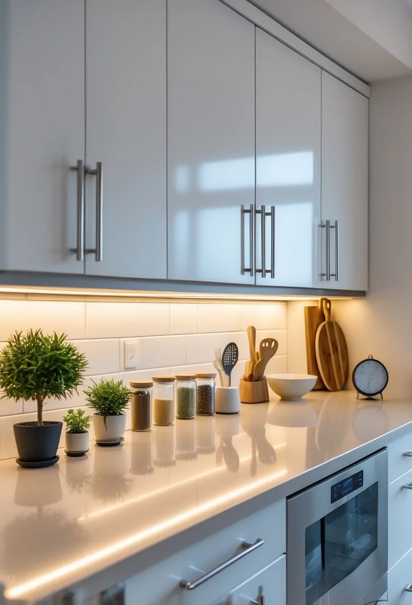 A modern kitchen with under-cabinet lighting illuminating countertops and seven small decorative items arranged neatly.