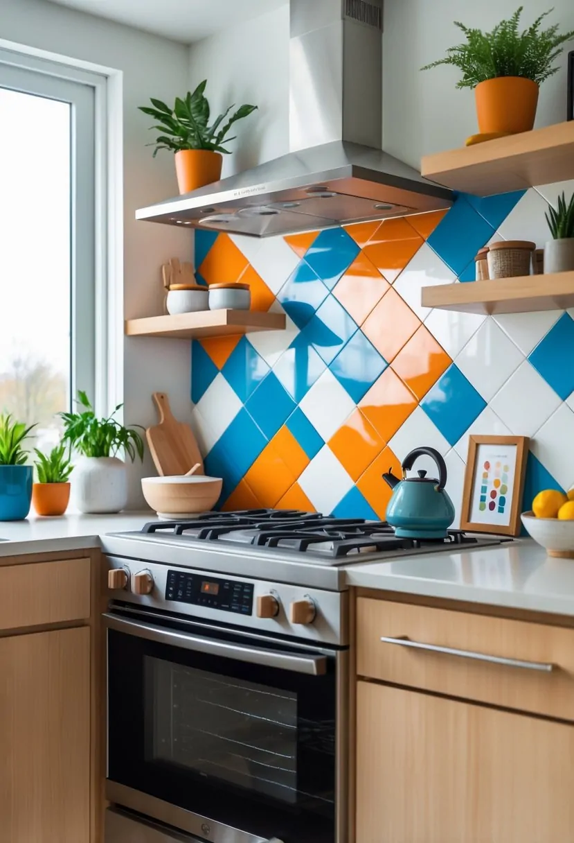 A small kitchen with a colorful geometric tile backsplash and seven small decorative items on the countertops and shelves.