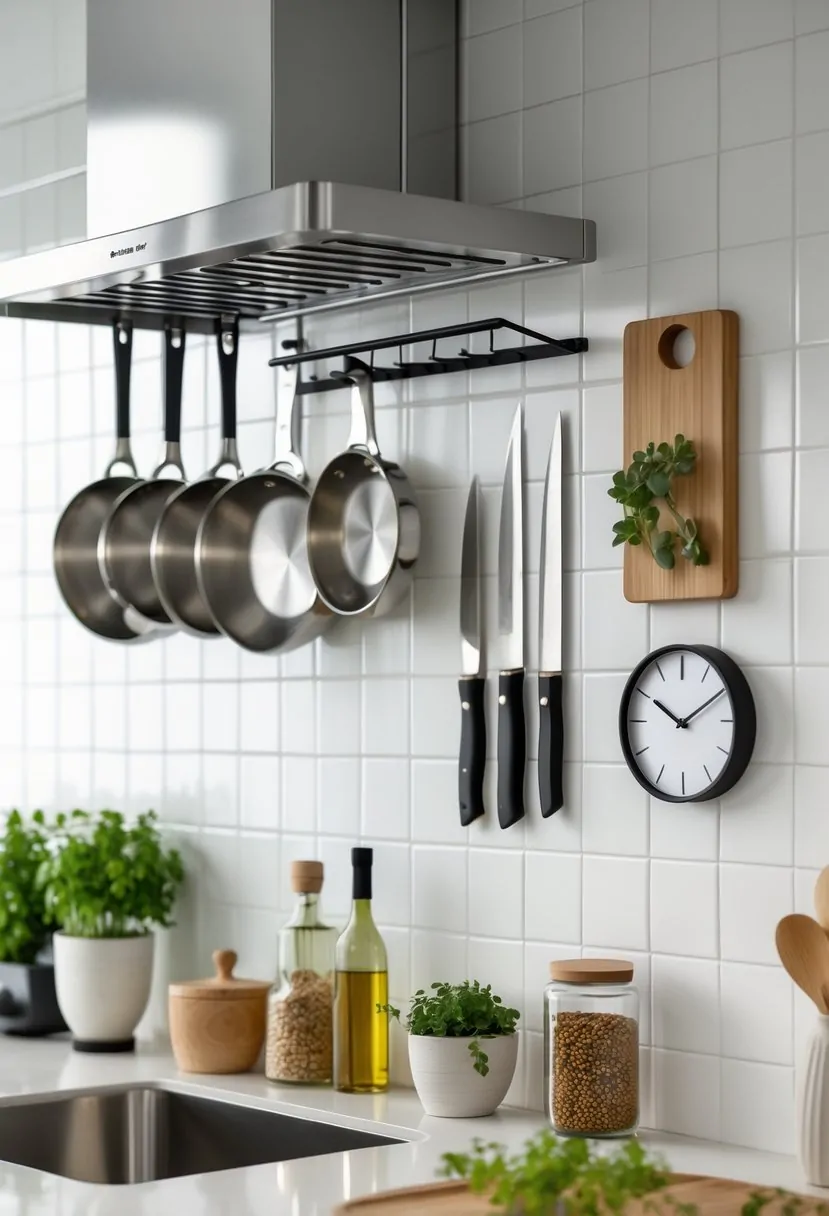 A kitchen wall with hanging pots on a rack, a magnetic knife strip holding knives, and seven small decorative kitchen items arranged around them.