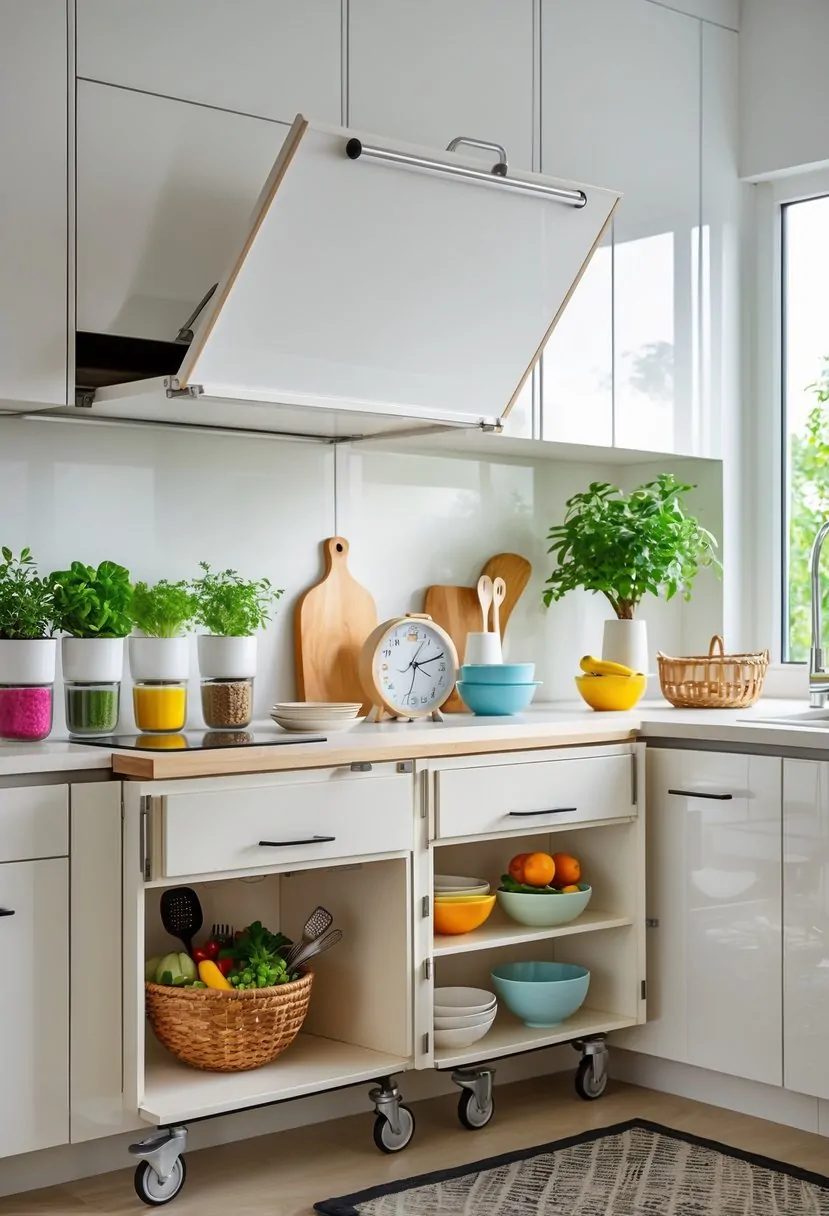 A modern kitchen with a fold-down table, a rolling cart, and seven small kitchen decor items arranged neatly.