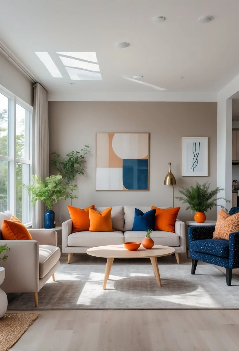 A bright living room with a beige sofa, light wood coffee table, colorful throw pillows, plants, and large windows letting in natural light.