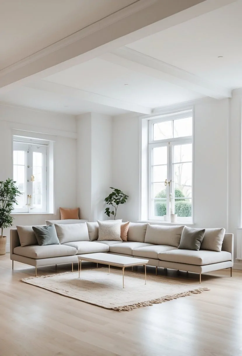 A bright living room with slim sofas arranged around a coffee table and natural light coming through large windows.