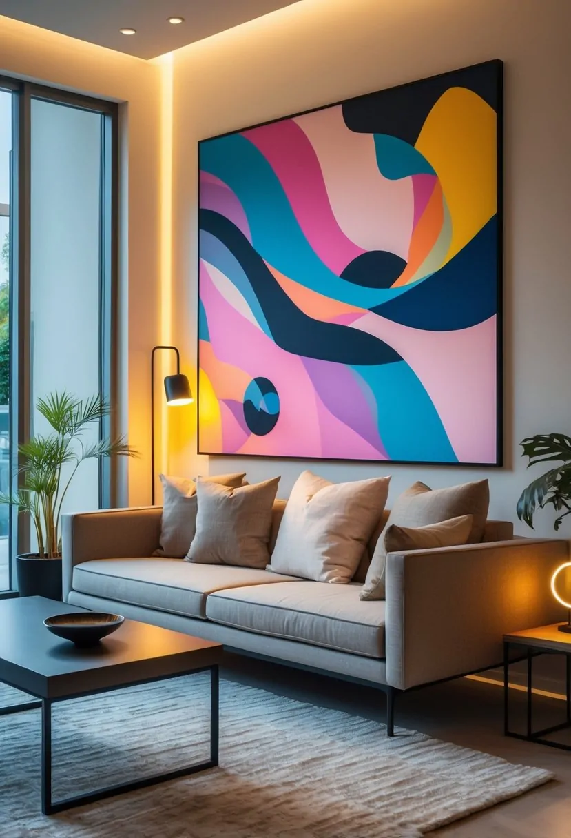 A living room with a sofa, coffee table, large abstract painting on the wall, and natural light coming through windows.
