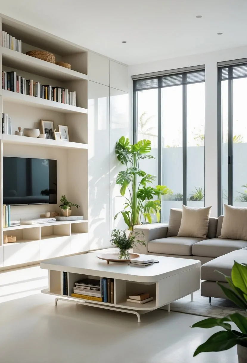 A bright living room with built-in shelves, a coffee table with hidden storage, and a sofa with storage underneath, all arranged neatly and free of clutter.