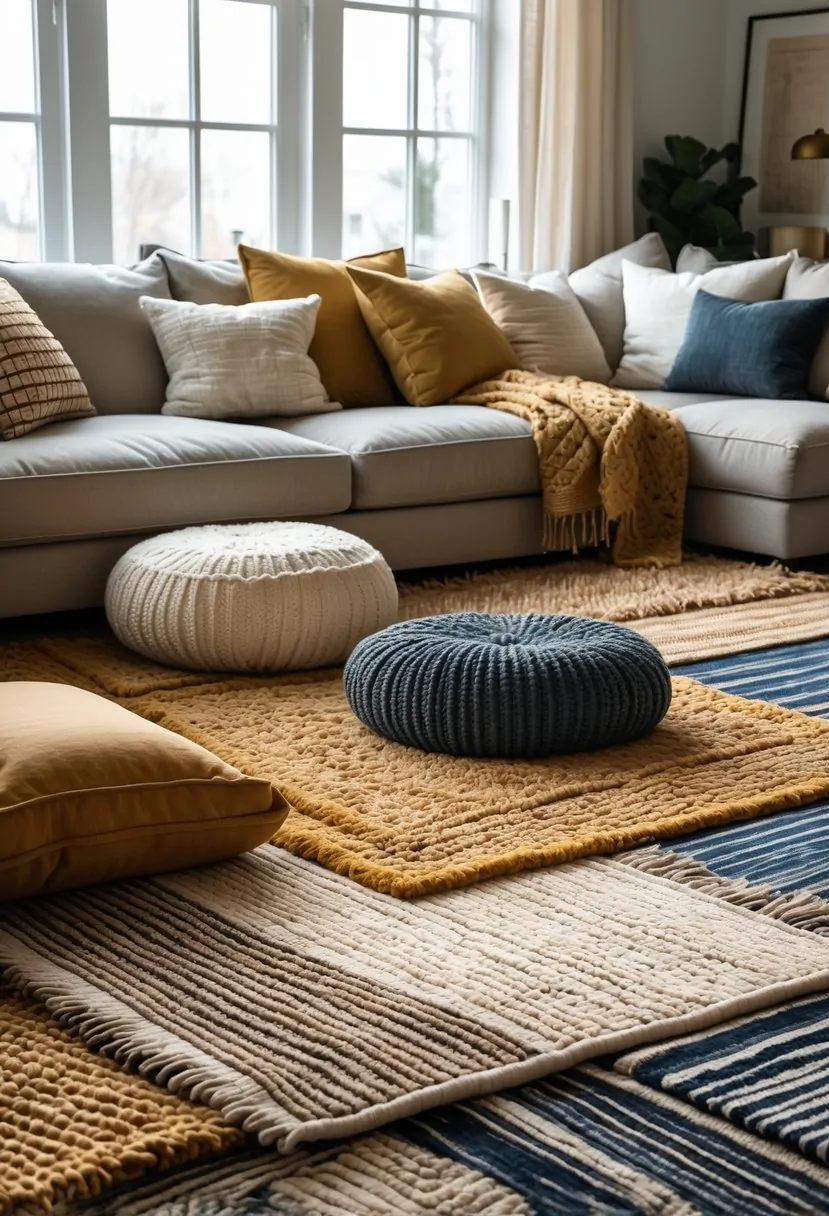 A living room with a sofa covered in cushions and layered rugs on the floor creating a warm and inviting atmosphere.