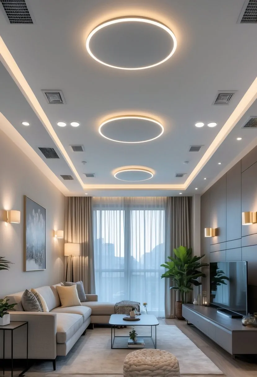 A living room with adjustable lighting fixtures creating different lighting moods, featuring a sofa, coffee table, and large windows.