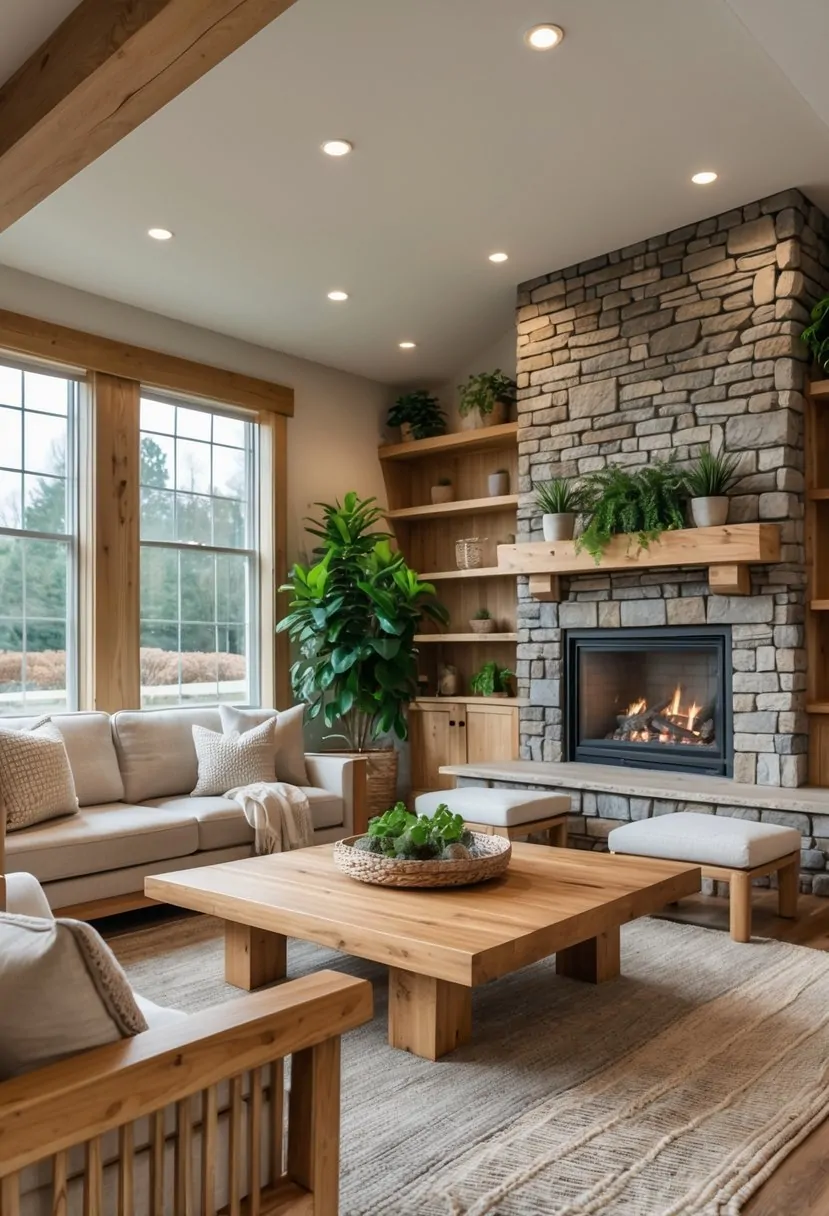 A living room with wooden furniture, a stone fireplace, and large windows letting in natural light.