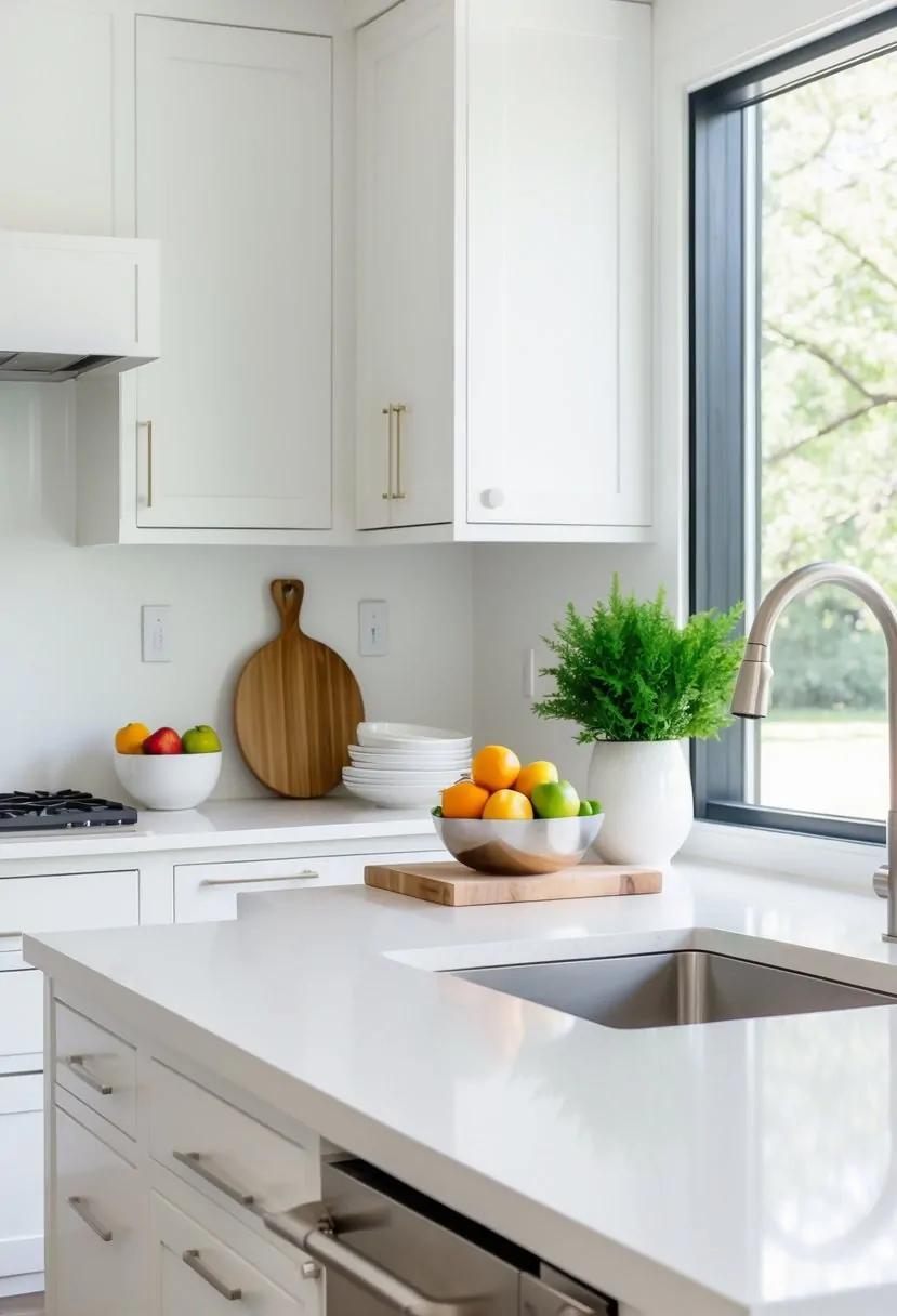A clean kitchen counter with a small plant, wooden cutting board, fruit bowl, and stacked bowls under natural light.
