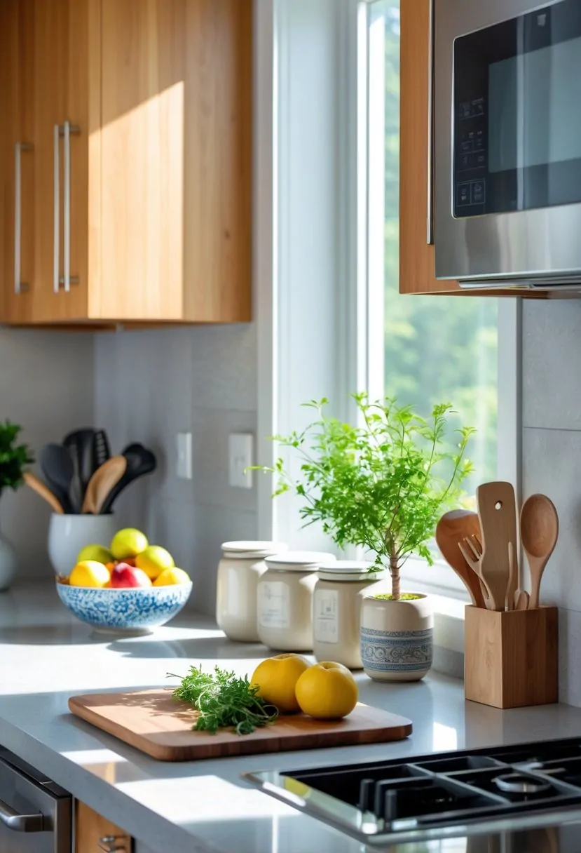 A clean kitchen countertop with organized cooking utensils, a fruit bowl, potted plant, and ceramic jars under natural light.