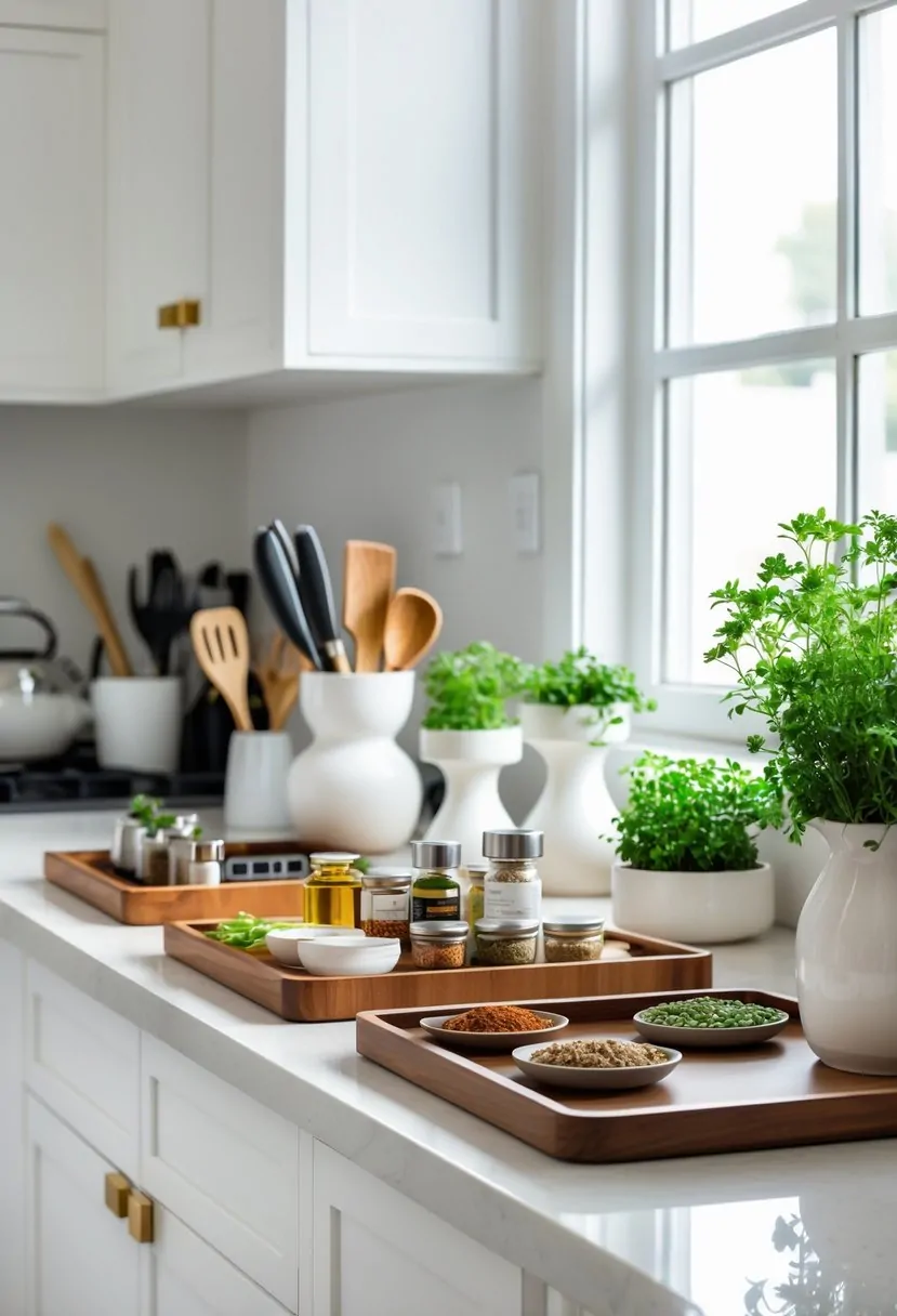 A modern kitchen counter organized with trays and holders containing spices, utensils, and small plants.