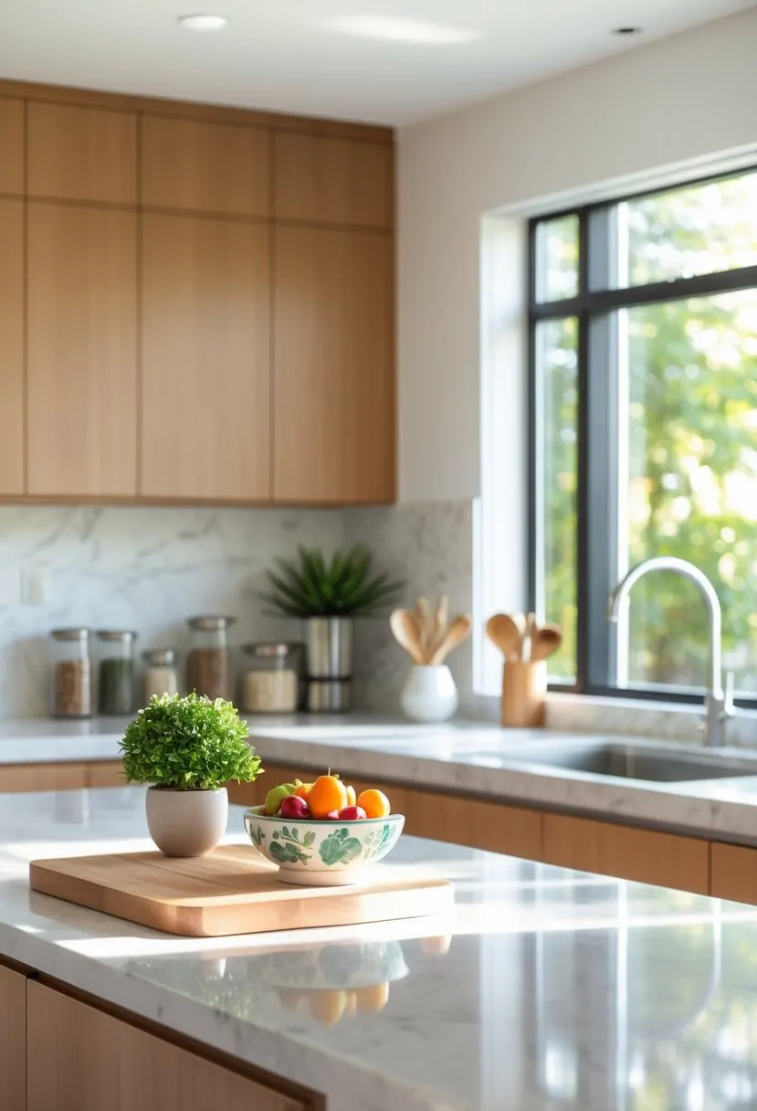 A kitchen countertop decorated with a potted plant, fruit bowl, spice jars, and utensils in a bright kitchen.