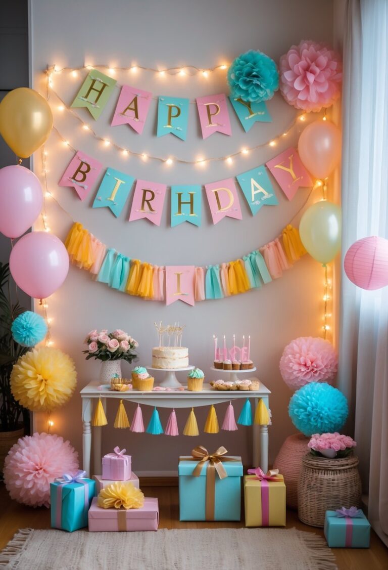 A decorated indoor birthday setup with colorful banners, fairy lights, balloons, tassel garlands, a table with presents and a birthday cake, and floral arrangements.
