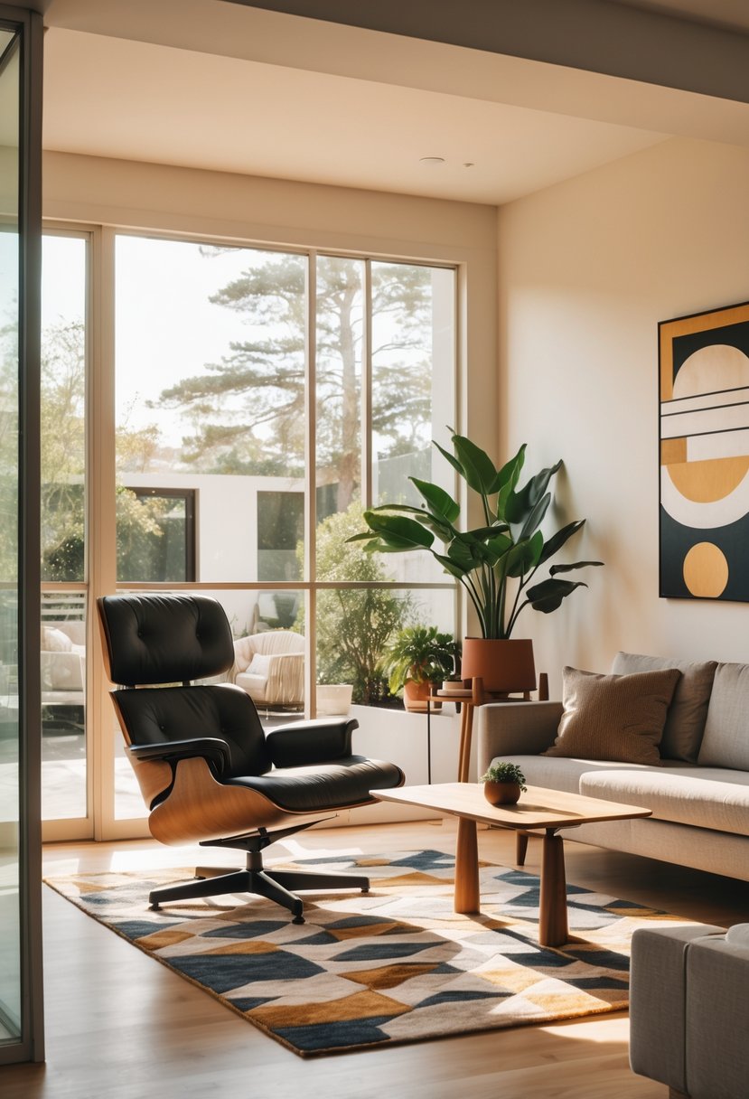 A living room with a lounge chair, sofa, coffee table, plants, and natural light coming through a window.