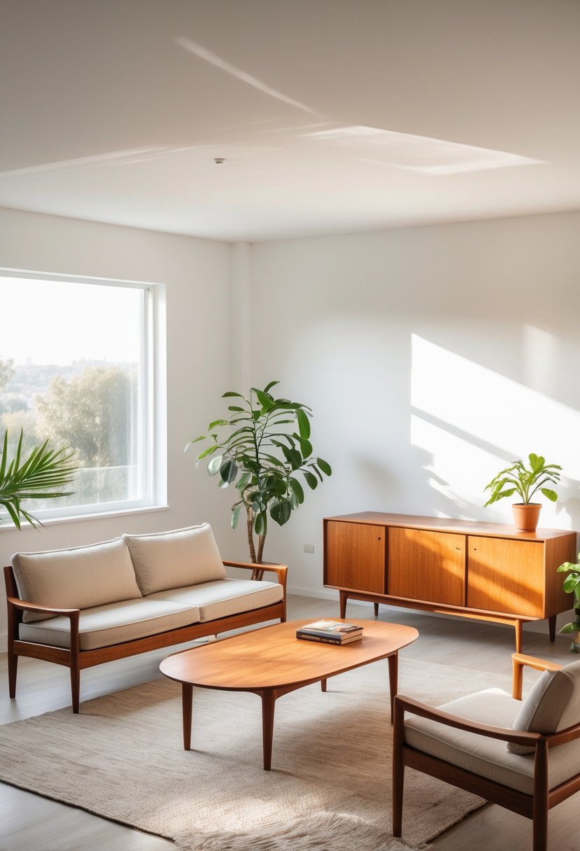 A bright living room with teak wood furniture including a sofa, coffee table, and sideboard, with natural light coming through large windows.