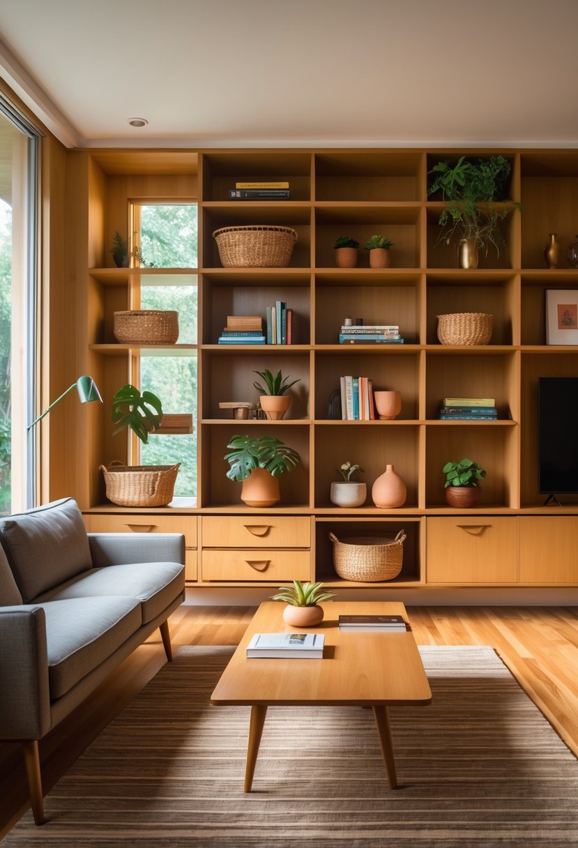 Living room with open wooden shelves displaying books, plants, and decor, alongside a sofa and coffee table.