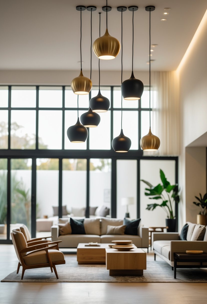 A spacious living room with seven pendant lights hanging from the ceiling, comfortable seating, a wooden coffee table, and large windows letting in natural light.