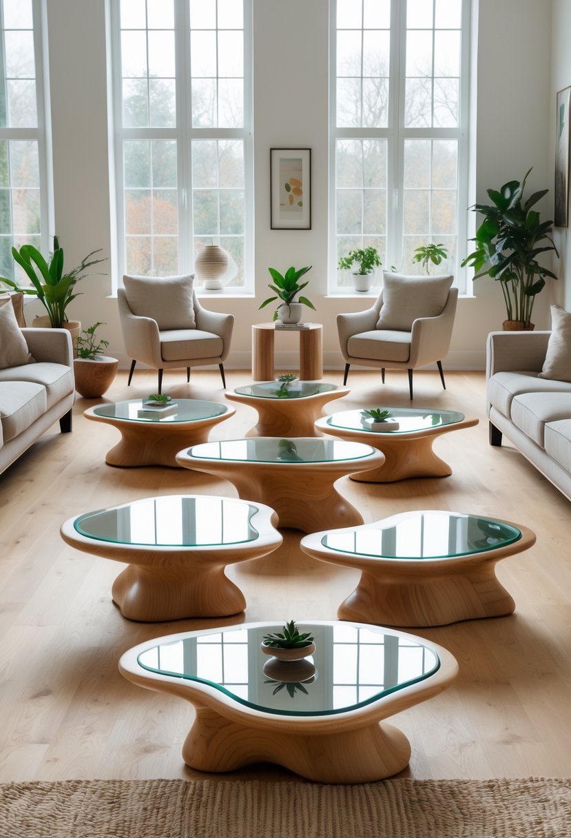 A bright living room with seven uniquely shaped wooden and glass coffee tables arranged among sofas and armchairs.