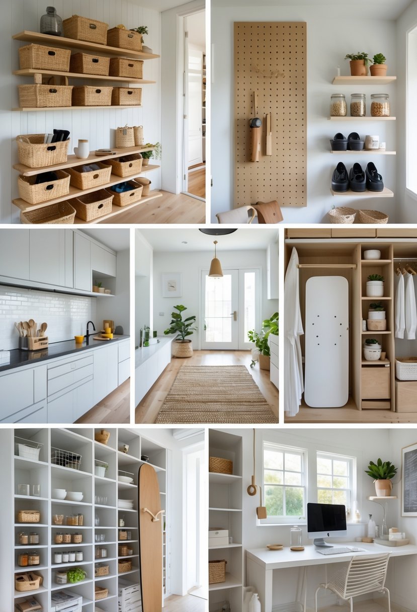 A modern home interior displaying seven different organization solutions including storage baskets, a pegboard, shoe rack, glass jars, a foldable ironing board, a hanging organizer, and a tidy desk.