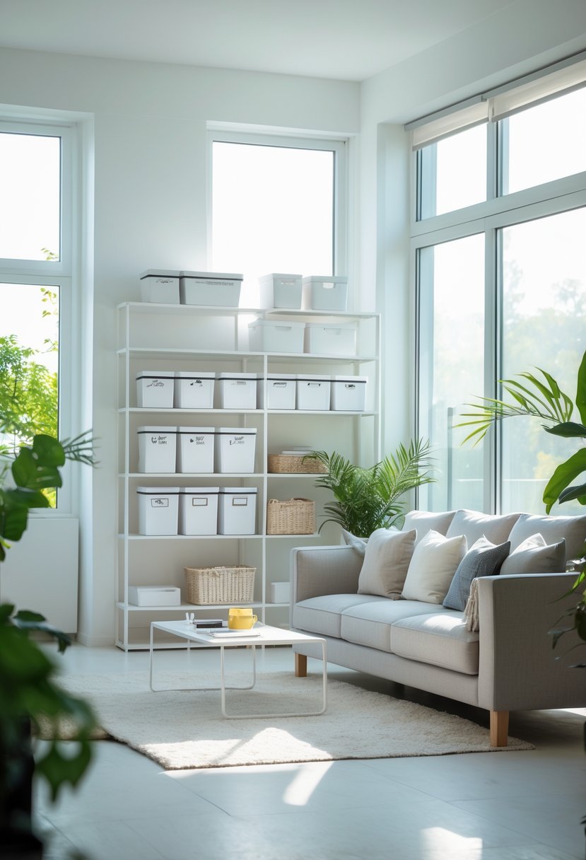 A bright and tidy living room with organized shelves, storage boxes, and a clear floor, showing a neat and clutter-free home environment.