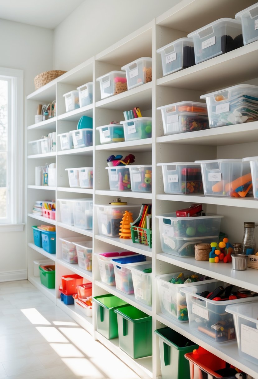 A tidy home storage area with clear plastic bins on white shelves, each containing various household items.