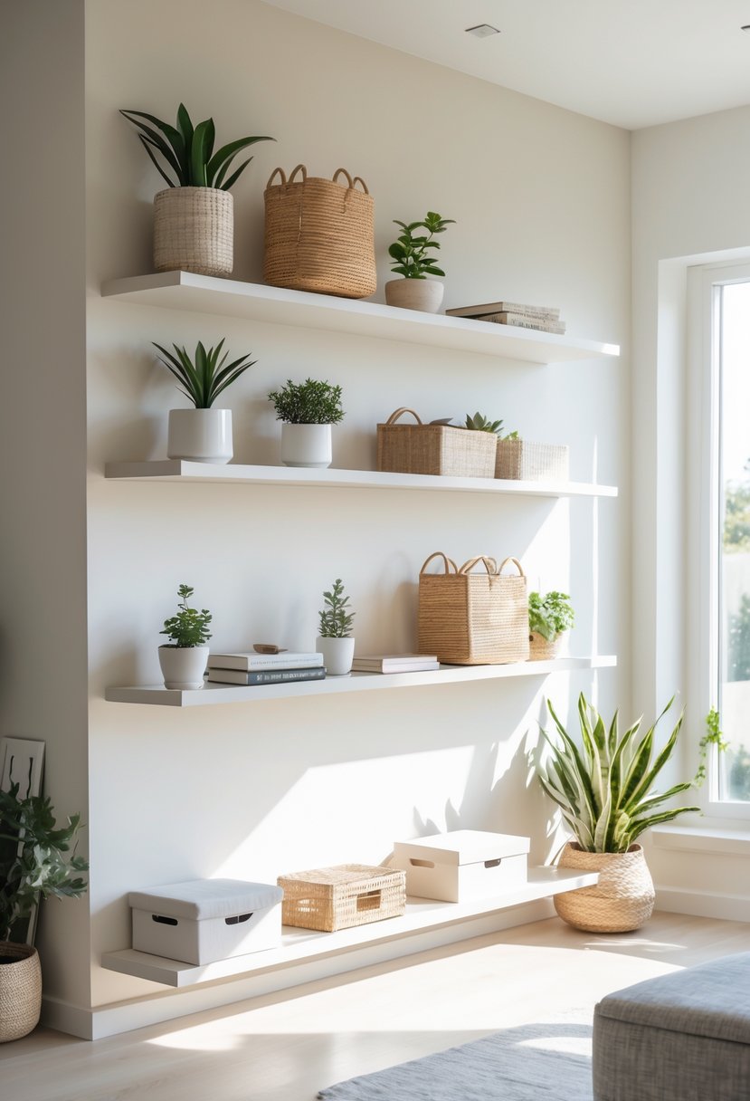 A modern living room with floating shelves neatly organized with plants, books, and storage boxes on a light wall.