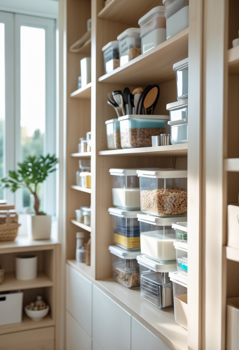 A neatly organized home storage area with clear and opaque containers arranged on shelves, holding various household items.