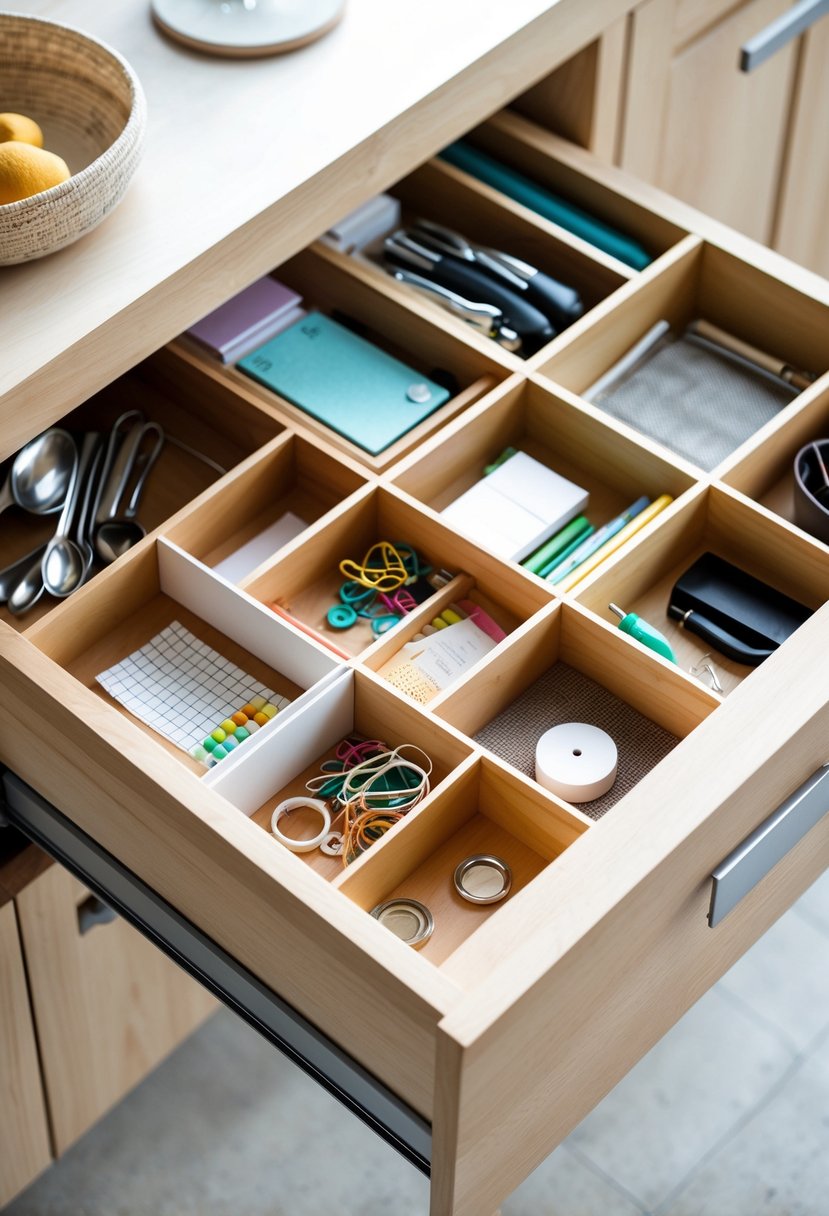 An open drawer with multiple compartments organizing small household items like office supplies, sewing materials, and kitchen utensils.