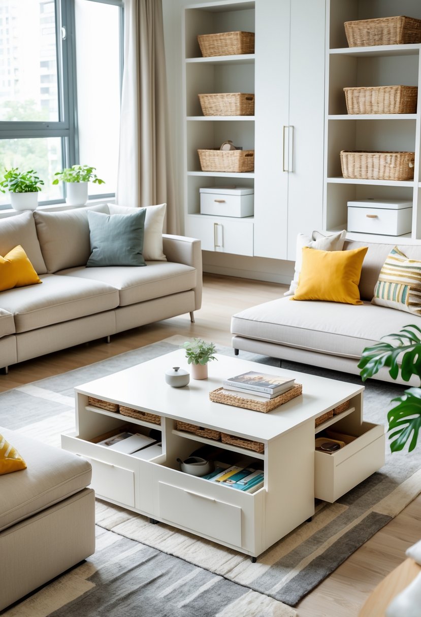 A modern living room with multifunctional furniture featuring built-in storage, including a sofa, coffee table, and ottoman, all neatly organized with various storage compartments.