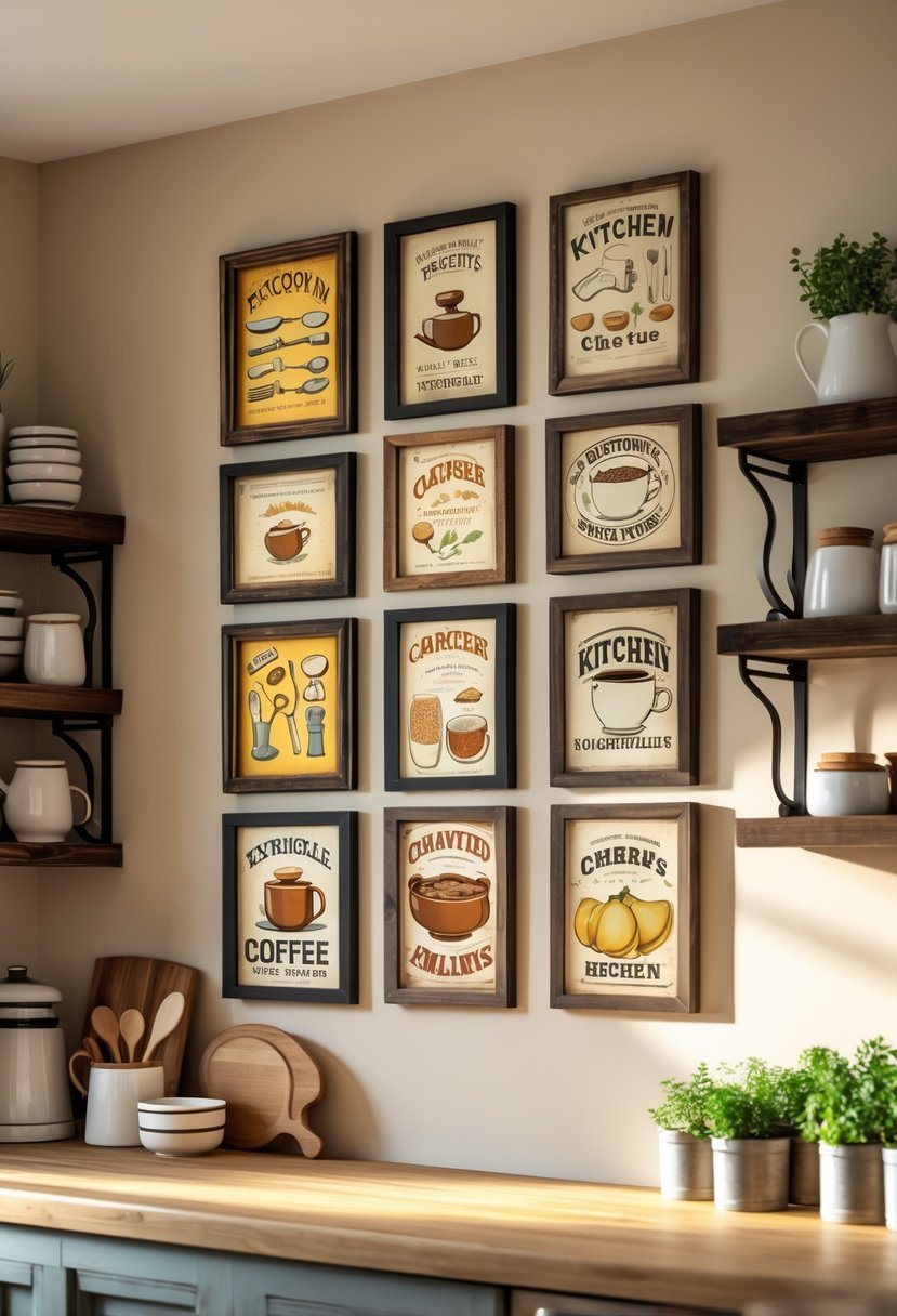 A kitchen wall decorated with a collection of vintage kitchen-themed framed artwork and decor, surrounded by kitchen elements like a wooden countertop and potted herbs.