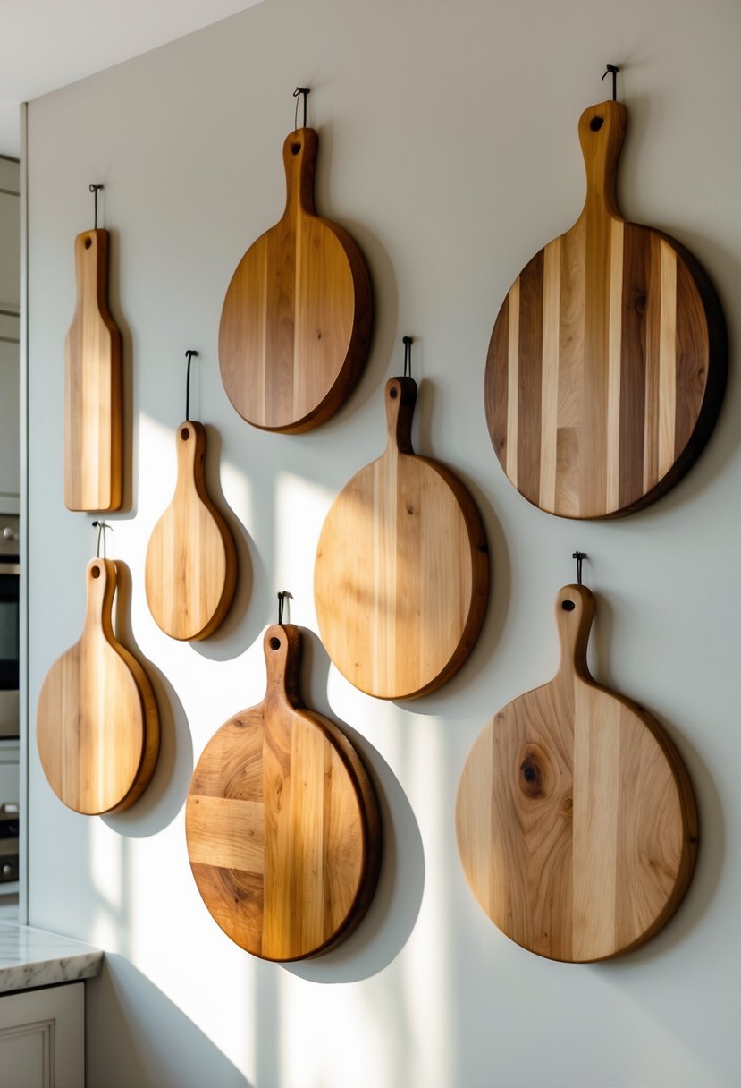 Seven wooden cutting boards hanging on a kitchen wall arranged as wall decor.