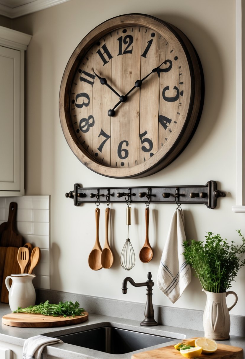 A kitchen wall with a wooden clock above metal hooks holding utensils and a small towel, with kitchen accessories on a countertop below.