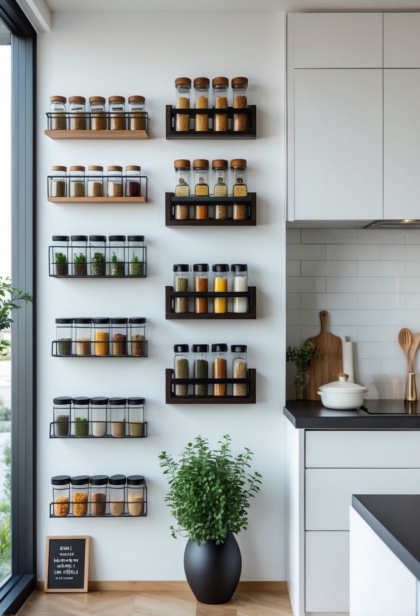 A kitchen wall with seven mounted spice racks holding colorful spice jars and small decorative items.