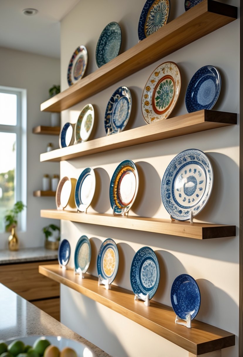 Decorative ceramic plates arranged on open shelves mounted on a kitchen wall.