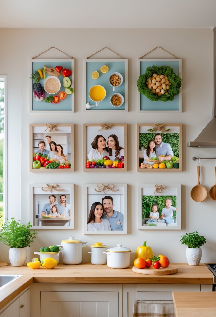 A kitchen wall decorated with seven kitchen-themed framed family photos surrounded by kitchen elements like pots, utensils, and fresh herbs.