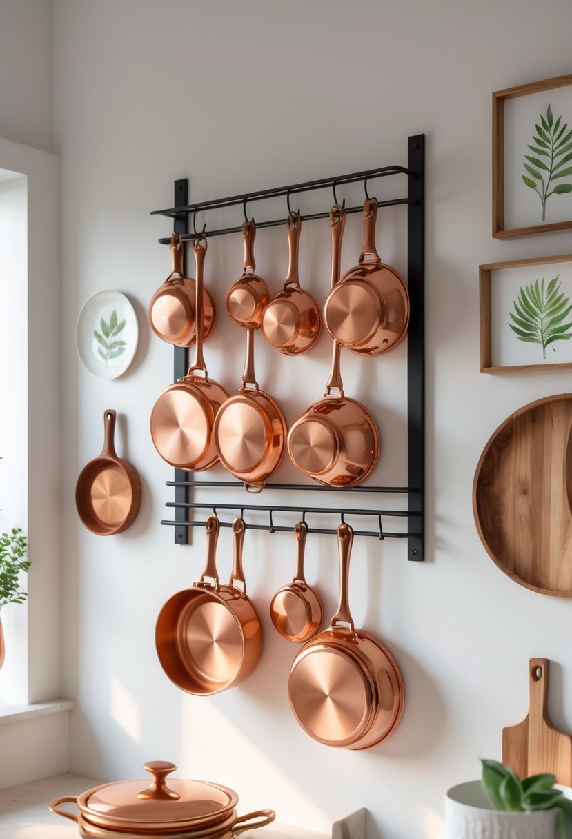 A kitchen wall with a pot rack holding hanging copper pots and pans, surrounded by kitchen wall decorations.