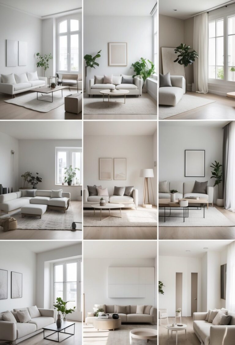 Seven different living rooms with simple furniture, neutral colors, and natural light.