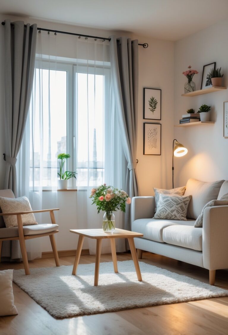 A small living room with a sofa, coffee table, plants, and natural light coming through a window.