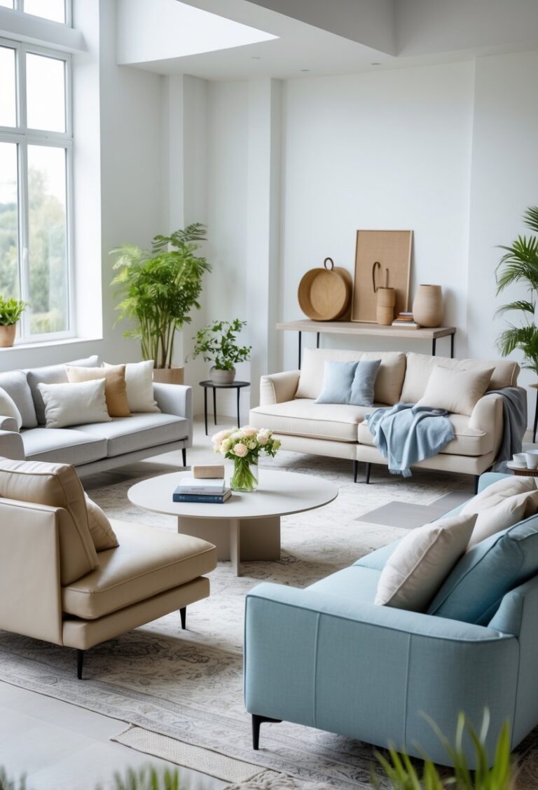 A bright living room with several sofas arranged around a coffee table, decorated with cushions, plants, and natural light coming through large windows.