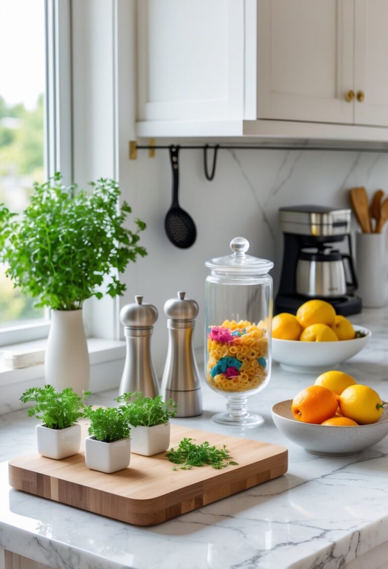 A kitchen counter with fresh herbs in pots, a fruit bowl with lemons and oranges, a cutting board, and kitchen utensils arranged neatly.