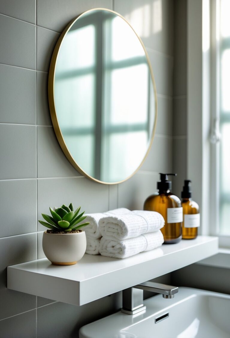 A bathroom shelf with white towels, a small green plant, glass jars, and amber bottles arranged neatly above a white sink.