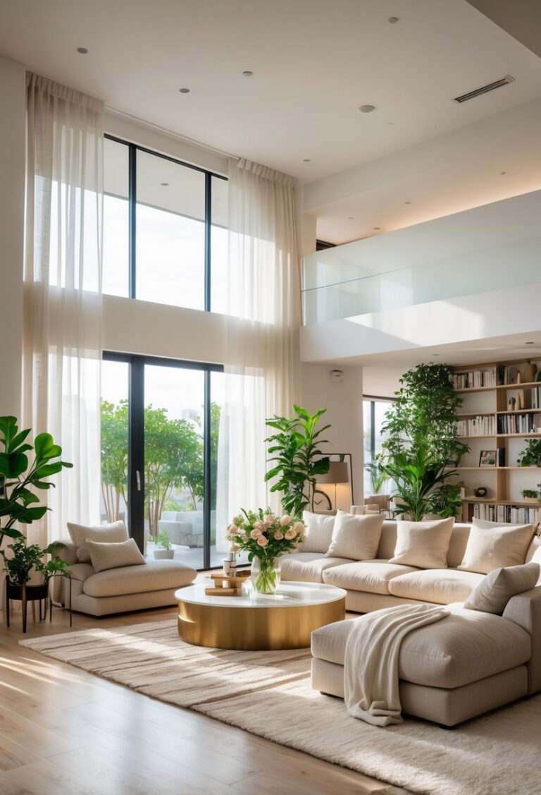 A bright living room with a large sofa, coffee table with flowers, indoor plants, and floor-to-ceiling windows letting in natural light.
