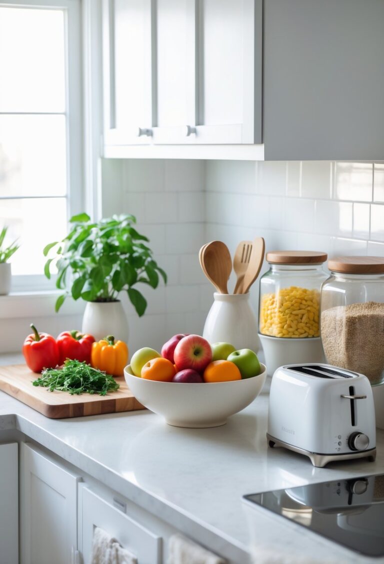 A kitchen countertop decorated with fresh vegetables, a fruit bowl, glass jars, a plant, and kitchen utensils.