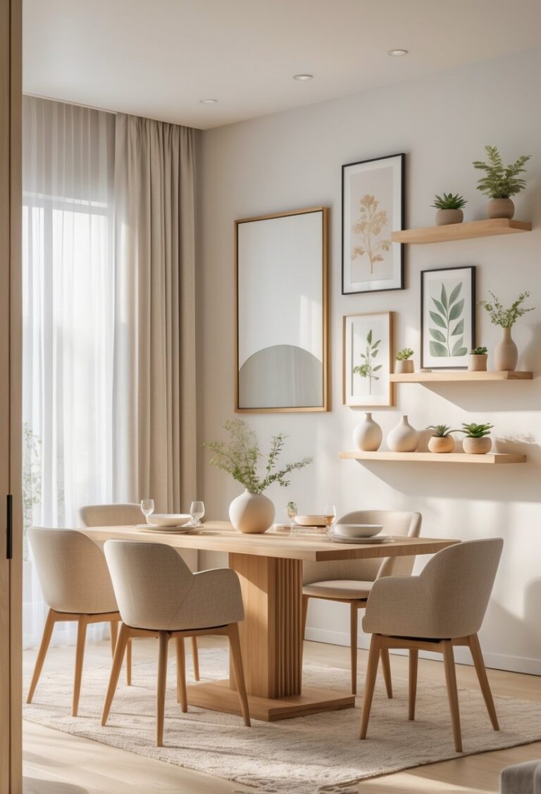 A dining room with a wooden table and chairs, decorated walls with framed art, a mirror, shelves with plants, and natural light coming through windows.