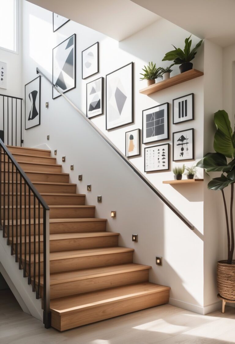 A modern staircase with a white wall decorated with framed art, shelves, and plants.