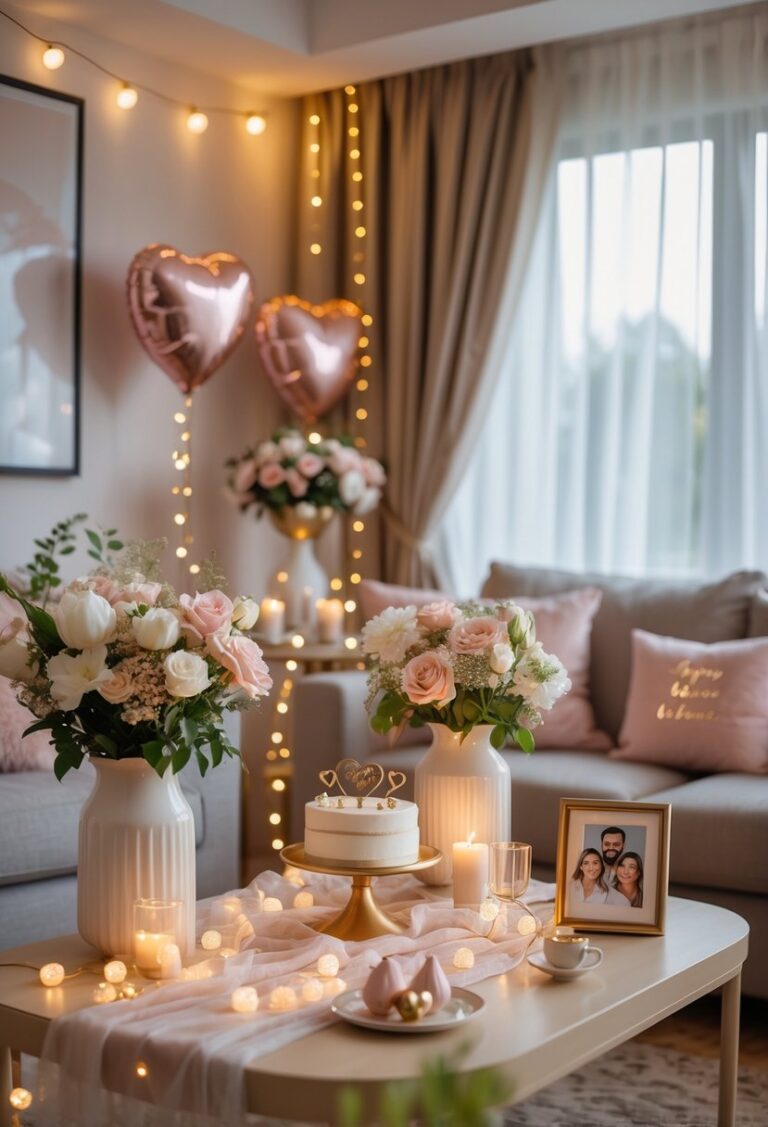 A cozy living room decorated with flowers, string lights, candles, balloons, and a small cake for an anniversary celebration at home.